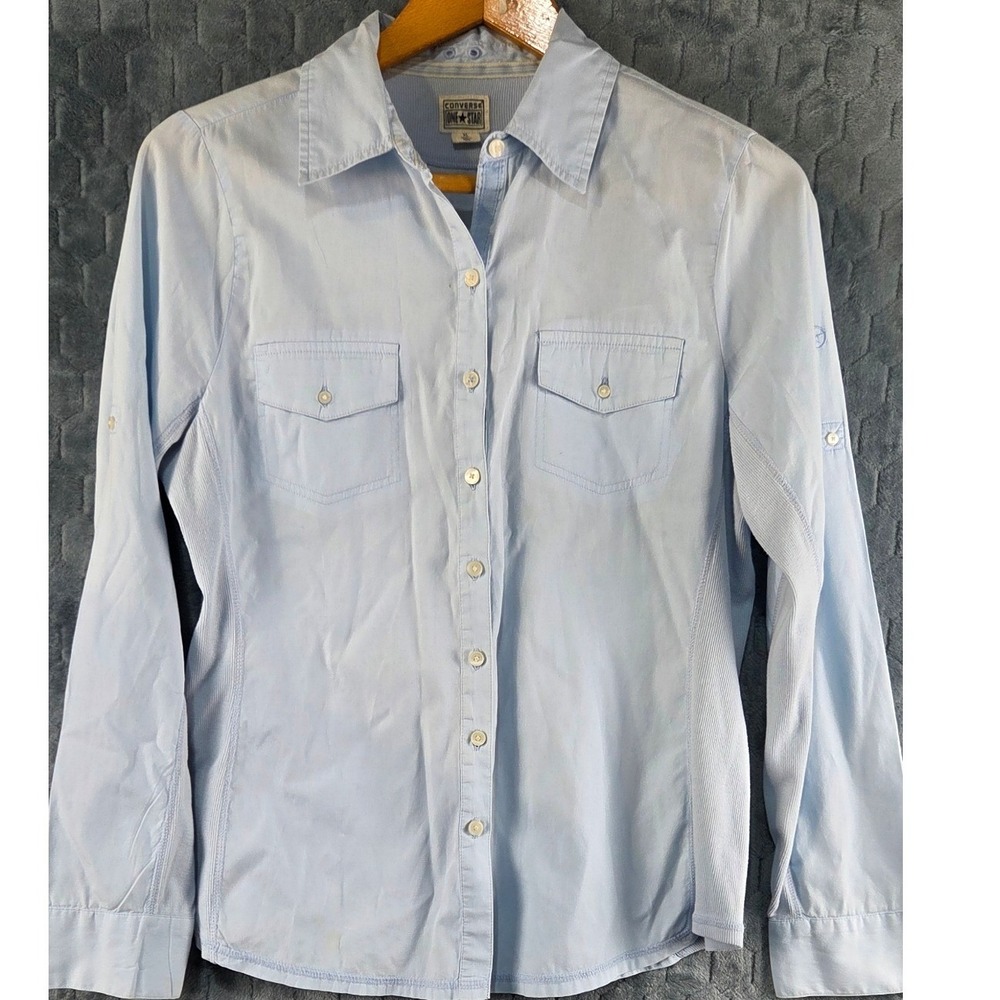 Converse One Star Womens XL Light Blue Button Down Shirt Roll‎ Tab Sleeve Cotton